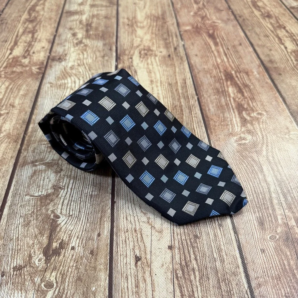 Tom James Innocenti Oro Necktie Men One Size Black Blue Geometric Silk Hand Made